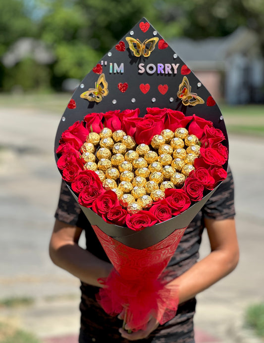 Ramo de corazón rosas y chocolates