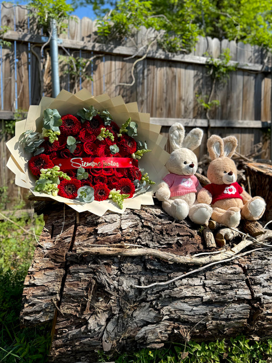 Ramo de 36 rosas y gerberas + pareja de 🐰